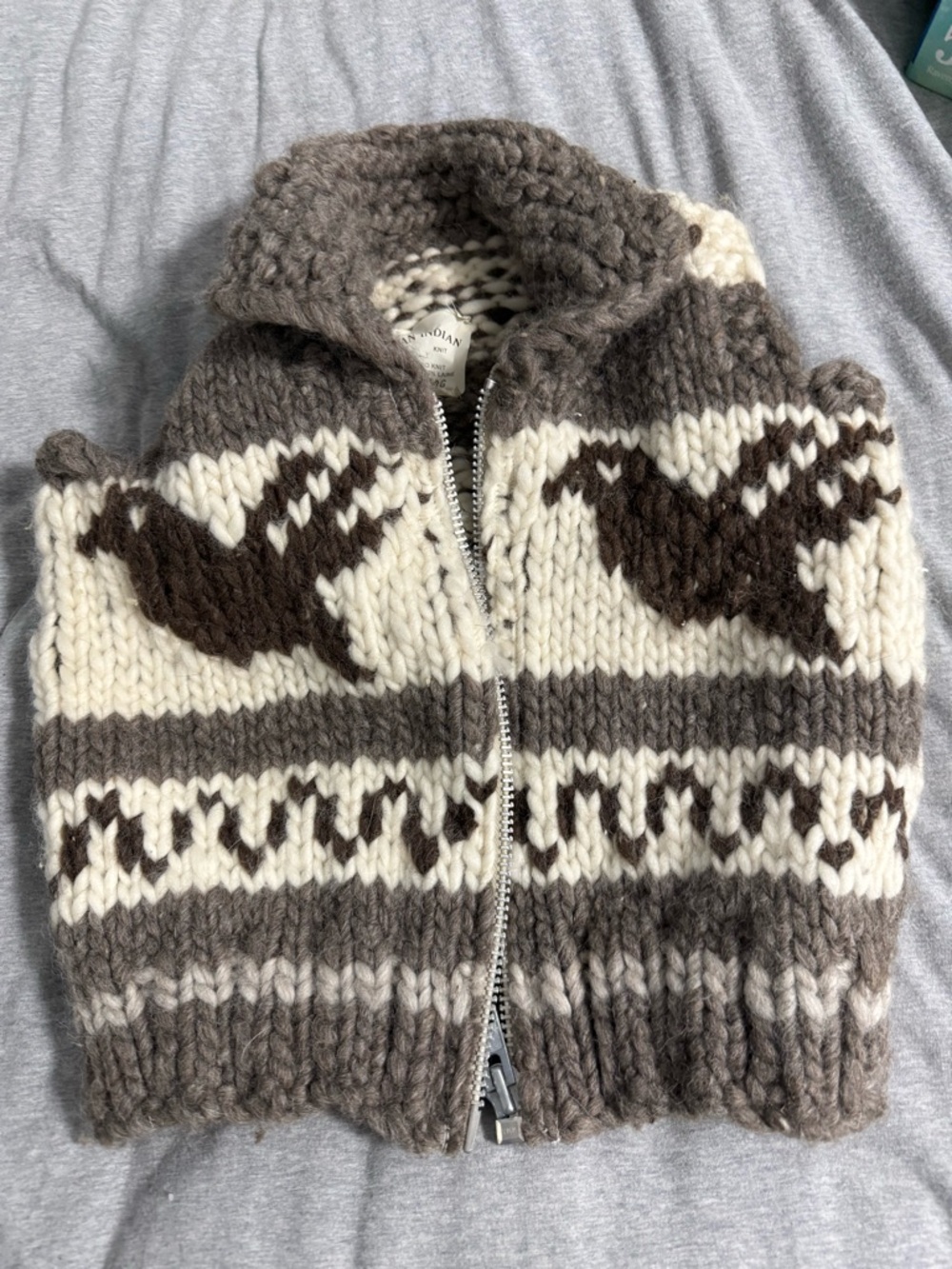 Kids Chunky Zip-Front Vest in Brown & Cream with Bird Motif